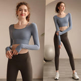 Omega Walk Women's Crop Workout Top and Trousers SetYG-LSM010-Bluish-Gray-Dark-Brown-SOmega Walk