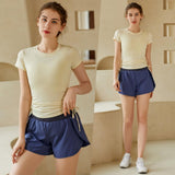 Omega Walk Women's Workout Shorts and Top SetYG-LSM014-Light-Beige-Blue-SOmega Walk