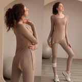 Stylish Silhouette Women's Workout Top and Tights SetYG-LSM013-Beige-SOmega Walk